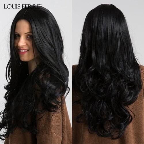 LOUIS FERRE Long Black Synthetic Womens Wig Natural Wave Middle Part Cosplay Wig for Women African American Hair Heat Resistant
