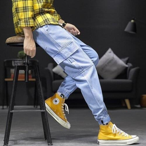 2021New loose jeans mens tide brand Ankle-length Pants Korean fashion cargo zipper Harem pencil Pants casual mans blue black