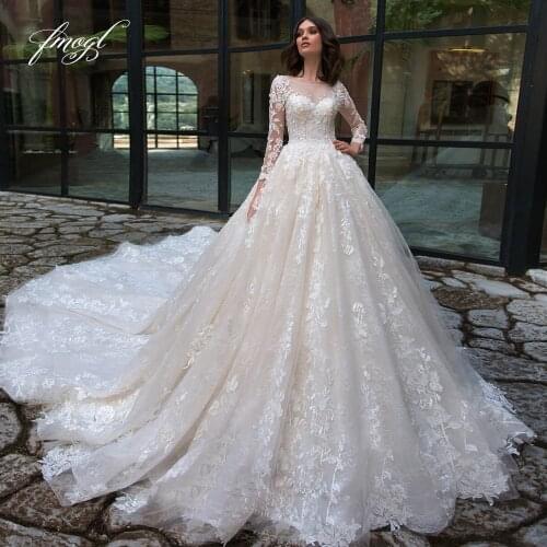 Fmogl Elegant Long Sleeve Lace Princess Wedding Dresses 2020 Luxury Appliques Beaded Chapel Train Vintage A Line Bridal Gowns