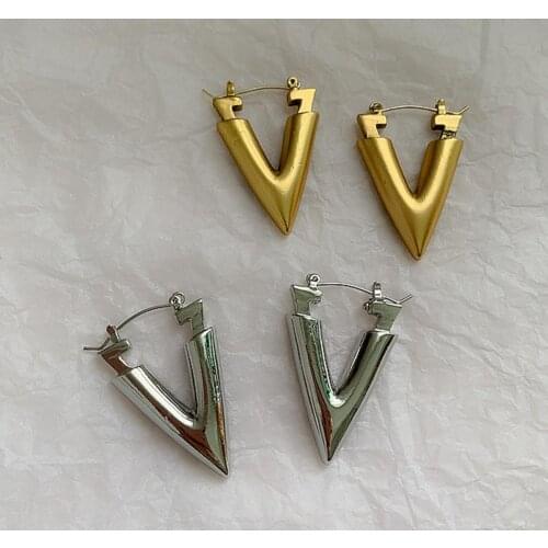 FFLACELL Korean New Vintage Matte Golden Metal Letter V Geometric Triangular Cone Punk Hoop Earrings for Women Jewelry Gifts