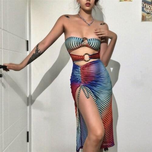 FUFUCAILLM Women’s Sexy Tube Dress Skinny Fashion Printing Ring Hollow Drawstring Split Dress Female Night Party Club Dresses