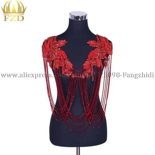 FZD 1 Piece New Design Sew on rhinestone Tassel applique fashion wedding bodices Patches Rhinestones beads for Wedding Dresses