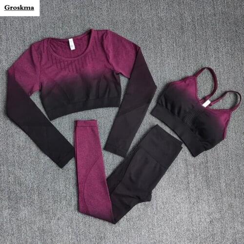 Gradient Long Sleeve Crop Top T Shirt+Bra+High Waist Pants Seamless Women Yoga 3 Piece Set Fitness Gym Sportswear Running Suits