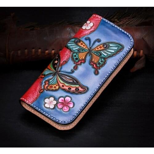 Genuine Leather Wallets Carving Butterfly Flower Zipper Bag Purses Women Clutch Vegetable Tanned Leather Wallet Mother Present