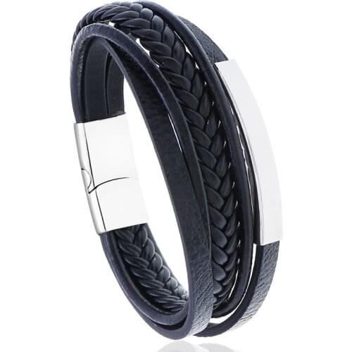 Jessingshow Fashion Stainless Steel Charm Magnetic Black Brown Men Bracelet Leather Genuine Braided Punk Rock Bangles Jewelry