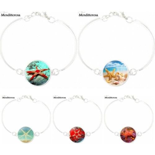 Starfish Vintage Jewelry With Silver Plated Glass Cabochon Bracelet Bangle For Men Women Party Gift