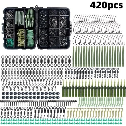 420pcs/Box Fishing Tackles Kit Hooks Swivel Snaps Anti Tangle Sleeves Hook Stop Beads Boilie Bait Screw Accessories
