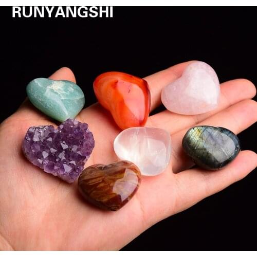 Runyangshi 7pc Natural Crystal quartz heart shape amethyst Cluster crystal handicraft seven Chakra Healing Stone