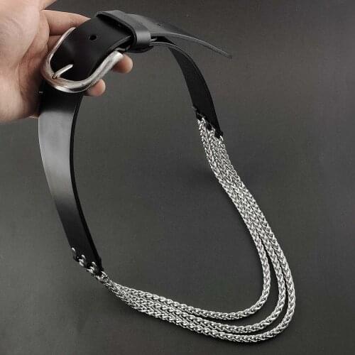 Biker Rock Leather Belt Mens Pants Waistband with Spring Chain #2