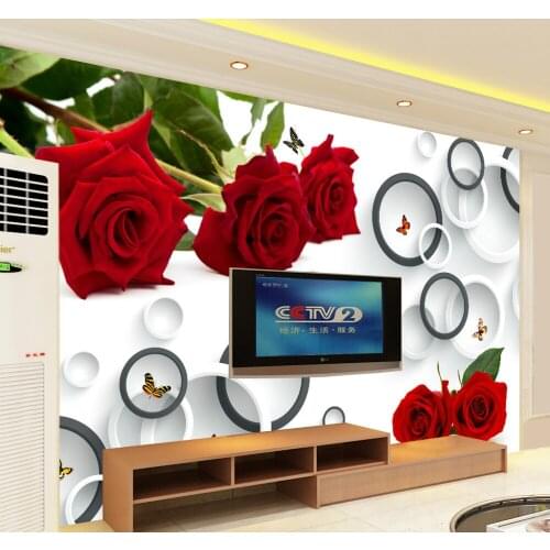Wholesale 3d wall mural TV background wallpaper bedroom mural romantic red rose&circle butterfly photo murals wallcovering