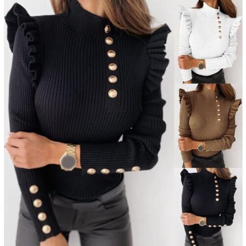 Autumn Winter Women Sweater Long Sleeve Rib Turtleneck Outwear Buttons Ruffle Cotton Blouse Elegant Female Casual Streetwear New