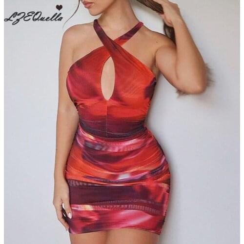 LZEQuella Sexy Halter Backless Bodycon Mini Hip Dress Women Print Party Club Dresses Outifit Fashion Ladies Sling Vestido 2021