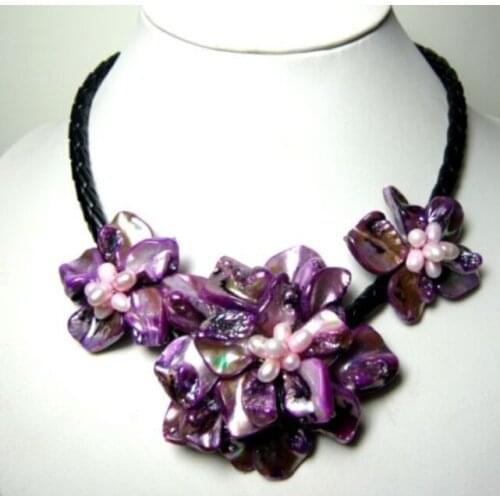 Stunning big handmade baroque shell pearl flower leather necklace 17" Factory Wholesale price Women Gift word Jewelry