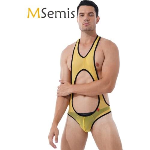 Sexy Mens Lingerie See-through Mesh Bodysuit Hollow Out SleevelessFitness Wrestling Singlet Leotard Bulge Pouch Skinny Jumpsuit