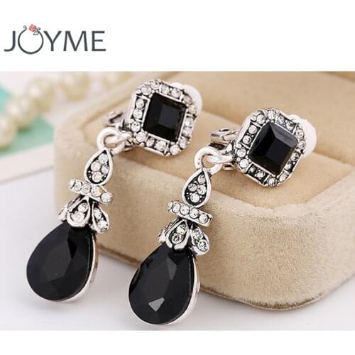 Black WaterDrop Clip Earrings Without Piercing Long for Women Elegant Resin Rhinestone Vintage Bohemia Style Clip On Earrings