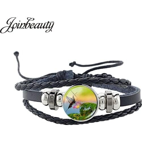 JOINBEAUTY Charm Glass Butterfly Bracelets PU Leather Bracelet Weave Multilayer Adjustable Bracelet For Women&Men Jewelry JS147