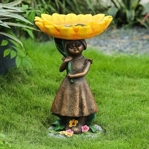 Bird Bath for Garden-Girl Holding Sunflower Polyresin Birdbath Garden Ornament Fiber Clay Bird Bath for Outdoor Garden