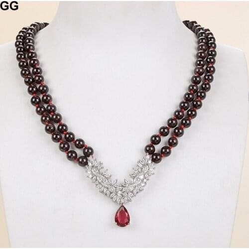 GuaiGuai Jewelry 18'' 2 rows Round garnet Necklace CZ Pave Pendant