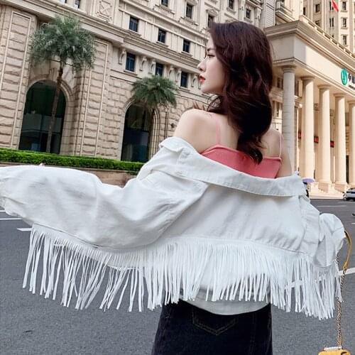 Ladies Bomber Denim Tassel Jacket Short Fashion Women Casual Long Sleeve Button Coat White Jean Clothes Cazadora Vaquera Mujer