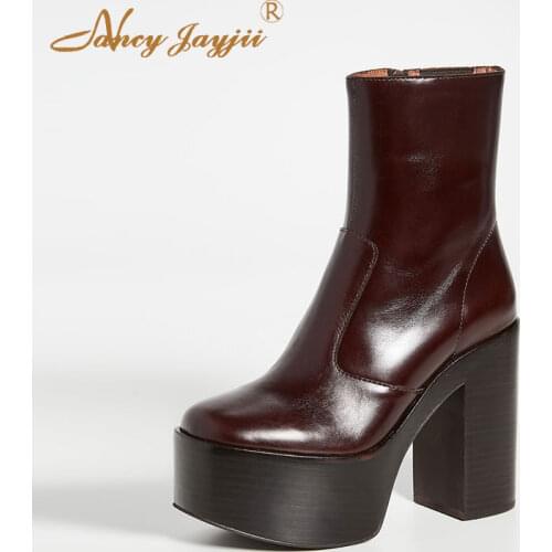 Womens adult boots solid round head short plush ultra-high square heel zipper platform mature simple dress large size 2019