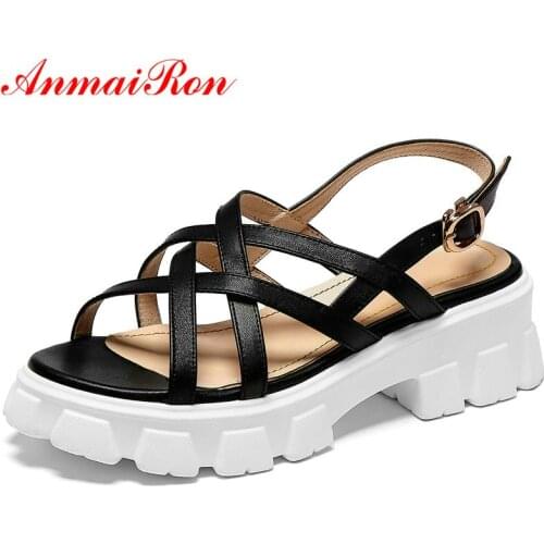 ANMAIRON Women Shoes Genuine Leather Casual Gladiator Buckle Strap High Heels Fashion Flat with Platform Sandals Woman 34-40
