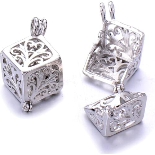 10pcs/lot Square box Pearl Cage Pendant Jewelry Charm Aromatic Pearl Cage Pendant Aromatherapy Oil Diffuser Party DIY jewelry