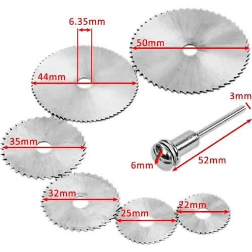 7Pcs HSS Cutting Disc Rotary Tool 22/25/32/35/44/50mm Circular Saw Blades Cutting Wheel Discs Mandrel For Dremel Discs Cut off