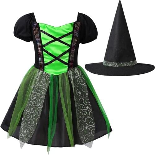 Shiny Glittering Girls Tutu Dress with Pointed Hat Halloween Cosplay Witch Costume for Girls Kids Party Dress Children Clothing