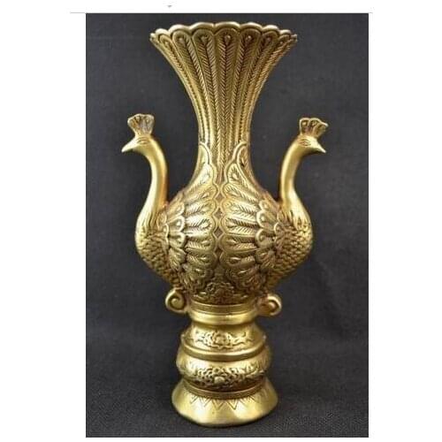Decoration bronze factory Pure Brass Antique 7.37" Chinese Old Collectible Decorated Handwork Brass Double Peacock Noble Vase
