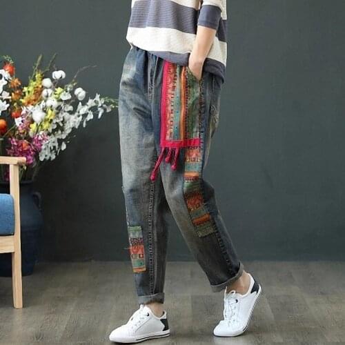 Fairy Natural Female Elastic Waist Embroidery Vintage Jeans Spring Autumn Loose Casual Pocket Women Tassel Denim Pants Patchwork