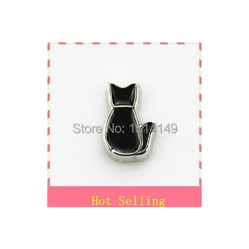 Hot selling black cat floating charms living glass floating memory locket