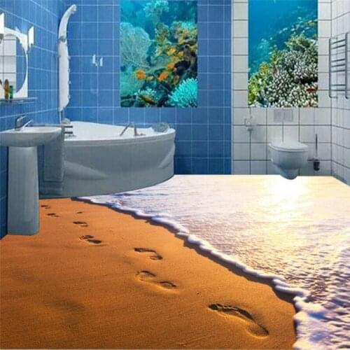 Customized Dusk Beach Footprints Bathroom 3D Stereo Waterproof Anti-slip Self-adhesive Decorative 3d Flooring Stickers wallpaper
