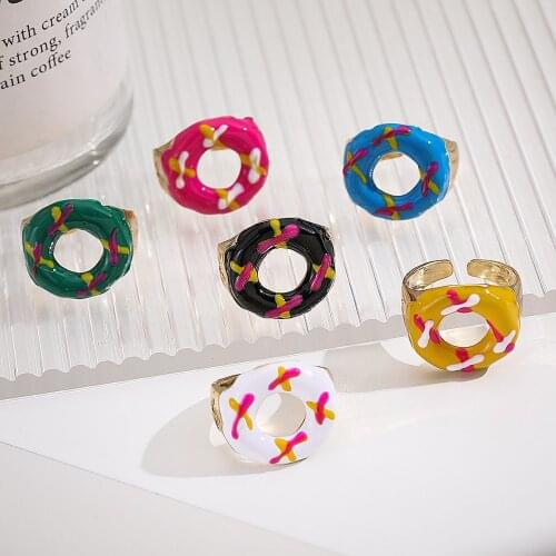 KISS WIFE New Creative Colorful Candy Ring For Women Girl Donuts Golden Opening Rings 2021Trend Fashion Jewelry Accessories Gift