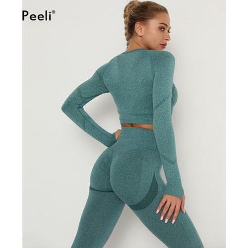 2 Pcs Yoga Set Seamless Women Sport Suit Workout Sportswear Gym Set Long Sleeve Crop Top Scrunch Butt Leggings Fitness Clothing