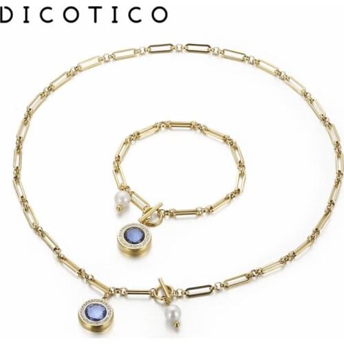 Women Colorful Glass Necklaces Bracelets Set Zircon Stainless Steel Chain Jewelry Sets For Women Collar Choker Accessory 2021