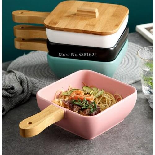 Creative Wooden Handle Ceramic Dish with Wooden Cover Nordic Modern Kitchen Supplies Large Capacity Deep Dish Fruit Salad Plate