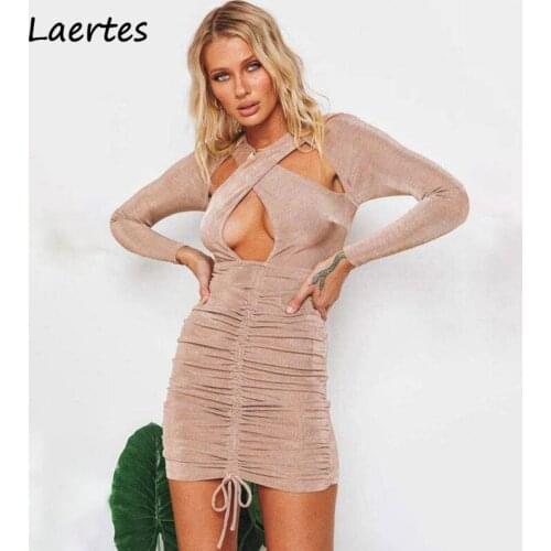 Laertes Fashion Cross Halter Hollow Out Backless Drawstring Bodycon Mini Dress Long Sleeve Green Khaki Dandage Dresses Elegant