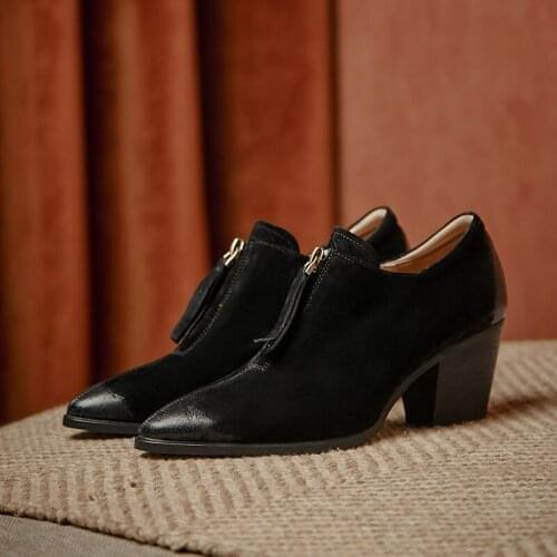 SKLFGXZY Fashion Casual Pumps Sexy High Quality Genuine Leather Pointed Toe Square Heel Shoes Slip-on Special Womens Pumps