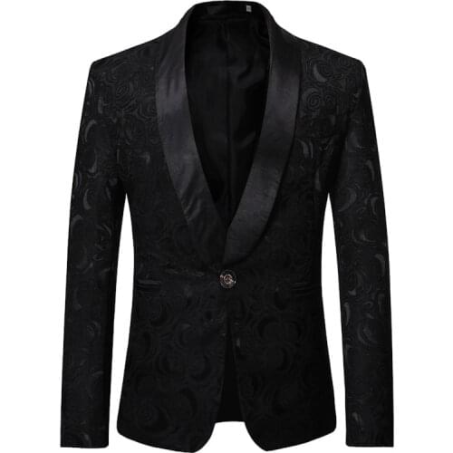 Black Rose Floral Jacquard Men Blazer Slim Fit Single Breasted Mens Blazer Jacket Nightclub Prom Shawl Collar Men Suit Jacket