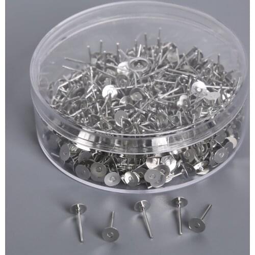 400 Pieces 5X13mm Iron Blank Post Earring Studs Pins Rhodium Color Flat Round Tray Base for DIY Earring Jewelry Findings