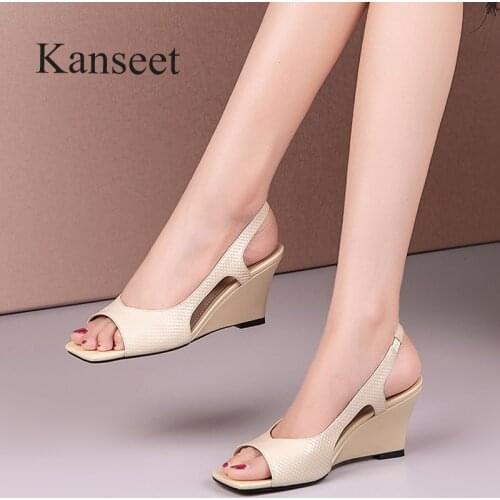 Kanseet 2021 Open-Toed Sexy High Heels Womens Sandals Summer Genuine Leather High Quality Handmade Wedges Women Shoes Apricot