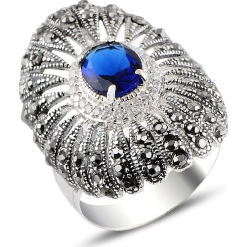 Silver 925 Sterling Sapphire Zircon & Marcasite Ring