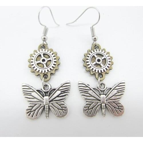 Antique Silver Butterfly and Gears Vintage Steampunk Charm Earring
