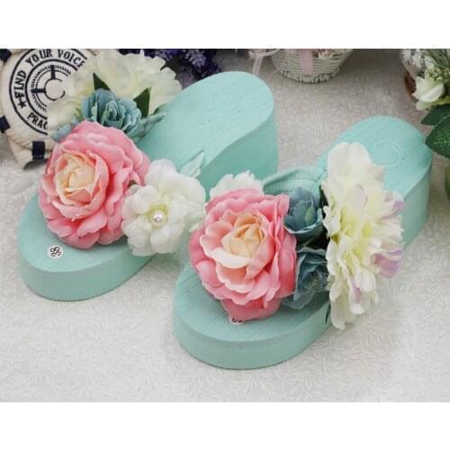 2019 Summer New Green Flower Wedge High Heel Flip Flops Holiday Beach Slippers Sandals Womens Shoes Cheap Online