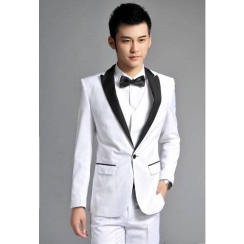 Custom Made Wedding White Tuxedo, Bespoke White Tuxedo Jacket Black Lapel White Pants, Tailor Made White Wedding Suits For Men