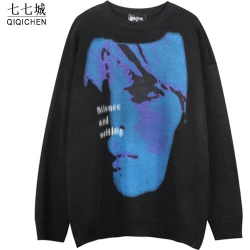 Hip Hop Knitted Sweater Men 2021 Portrait Pattern Harajuku Fashion Women Loose Top Casual Streetwear Pullover Winter Sweaters