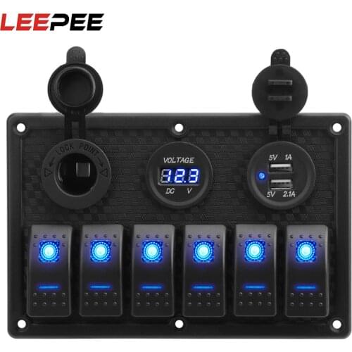 LEEPEE Waterproof 4.2A Dual USB Slot Socket 6 Gang Rocker Switch Panel With Fuse Digital Voltage Display