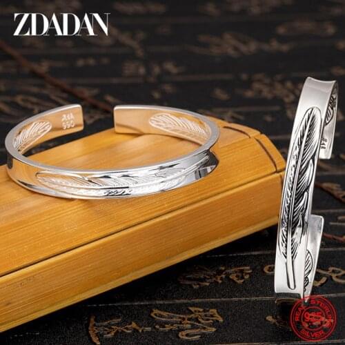ZDADAN 925 Sterling Silver Vintage Feather Leaf Open Cuff Bangle Bracelet For Women & Men Fashion Party Jewelry Gifts