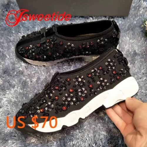 New Spring Feminino String Bead Handmade Embroidery Glittering Beads Woman Mesh Flat Loafers Female Shoes Casual Sneakers Women