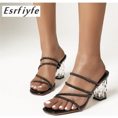 ESRFIYFE 2020 New Summer Crystal Heel Sandals Women Wear Sexy Thick Heels slippers Square Toe Womens Slippers Club Shoes Woman